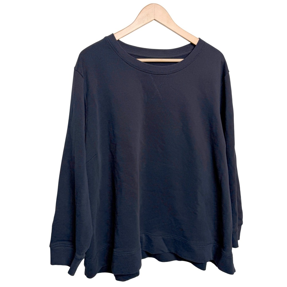 Athleisure Womens Cotton Sweatshirt 30/32 Navy Blue Plus Pullover Crewneck Slit